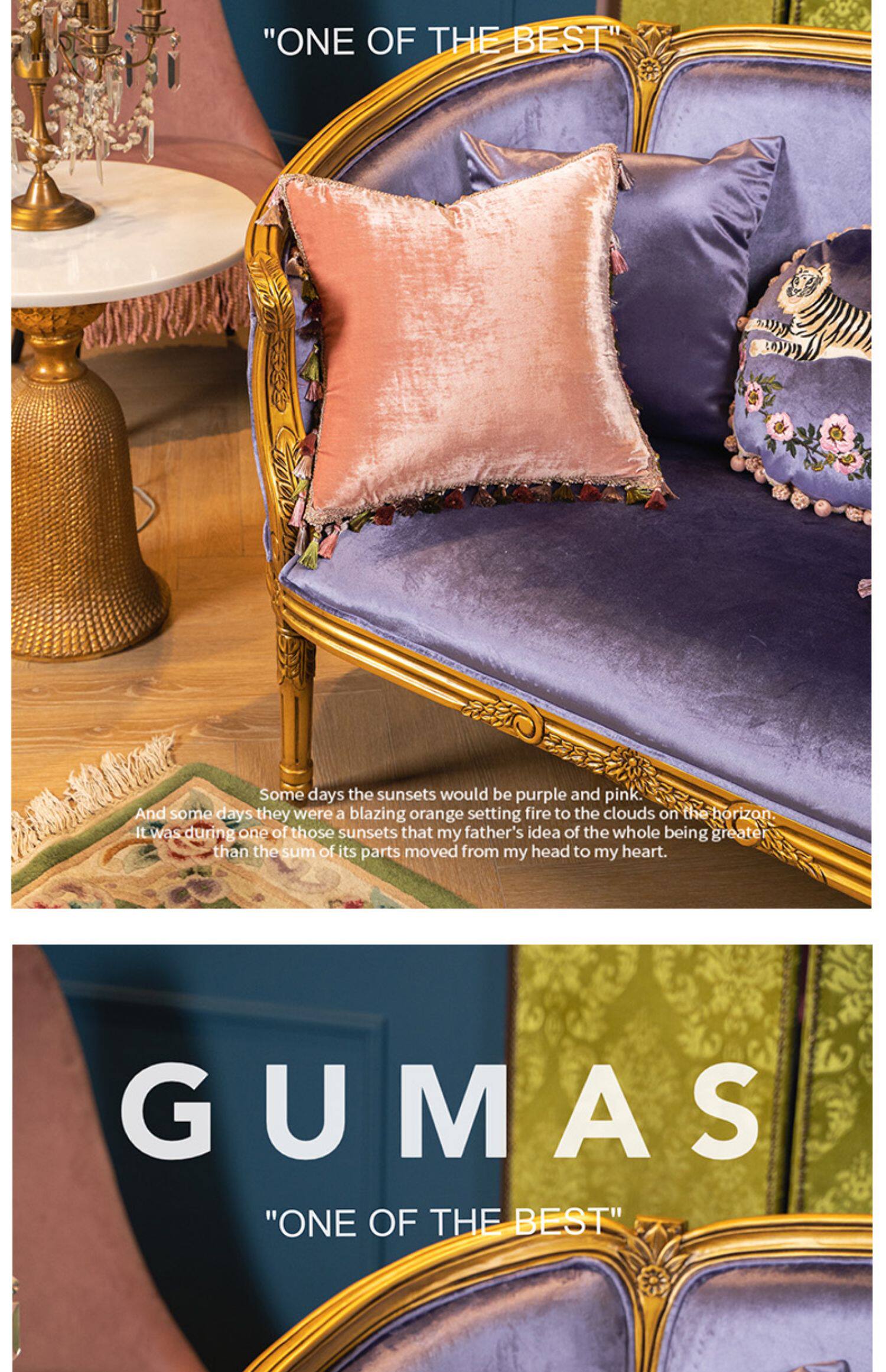 Purple embroidered tiger cushion styled on sofa showing opulent maximalist home decor