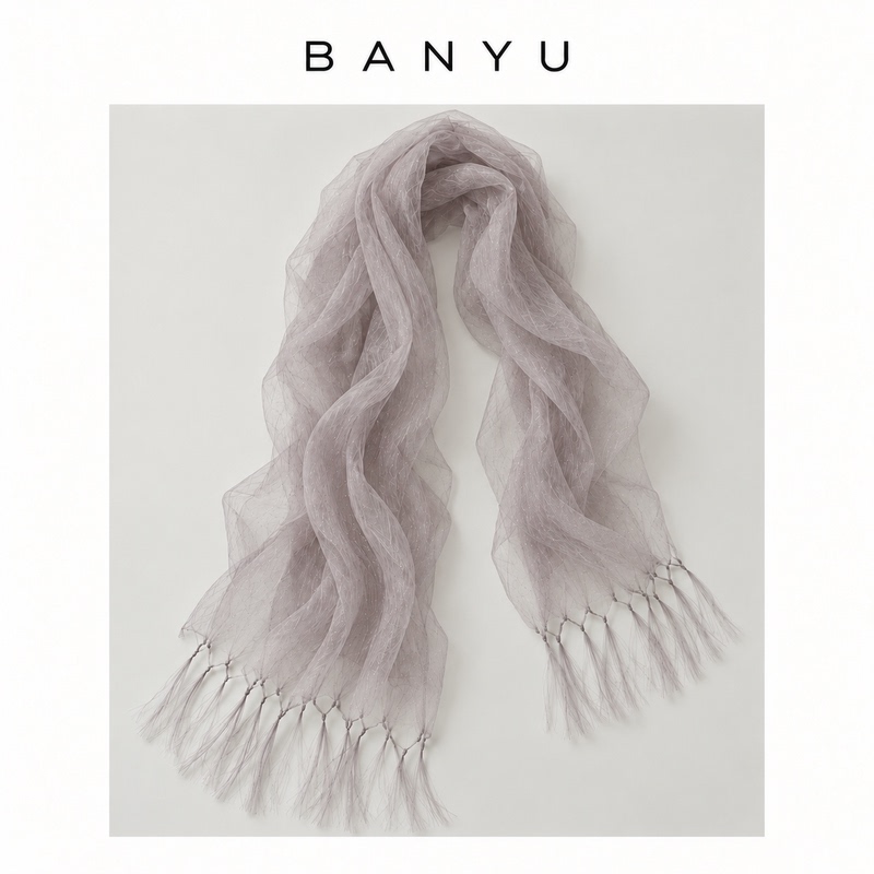 Banyu Water Mist 3-Layer Tassel Scarf for Women, Thin Organza Sunscreen Cotton Linen Scarf, Transparent Linen Veil