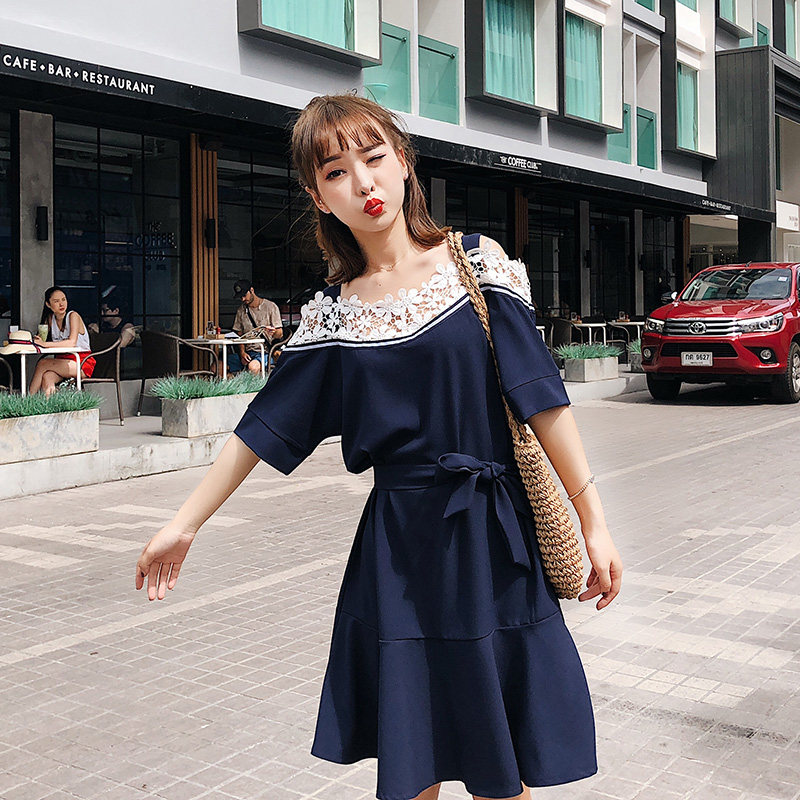 东大门2018春夏装新款 吊带蕾丝中长连衣裙 时尚拼接鱼尾摆系带裙