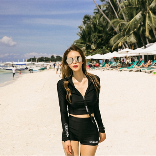 Áo tắm dài tay nữ chống nắng chia bụng tấm thép gợi cảm tụ tập boyshort bảo thủ là đồ bơi Hàn Quốc mỏng bikini 2 mảnh màu đen