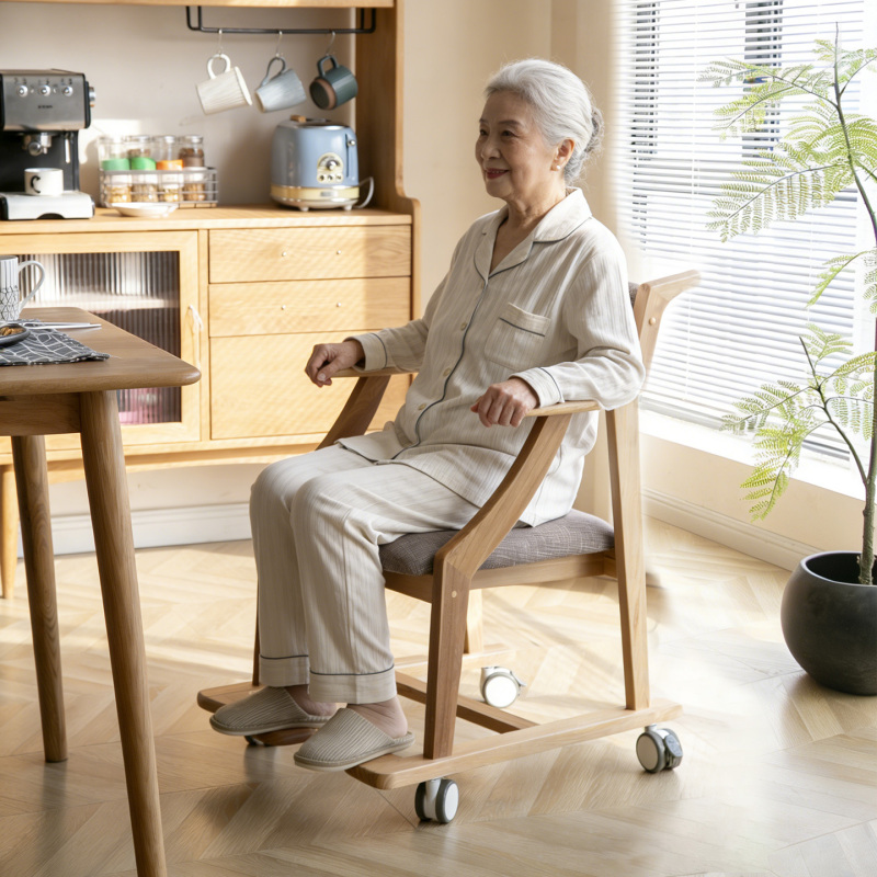 Elderly Dining Chair with Wheels, Movable, Made of Solid Wood, with Backrest, Suitable for the Elderly with Limited Mobility, and Specialized for Nursing Homes