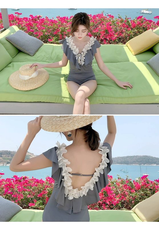 Áo tắm gió to khí hậu backless Hàn Quốc bảo thủ che bụng thon gọn màu tương phản 2019 mới áo tắm Hàn Quốc nữ - Bộ đồ bơi One Piece