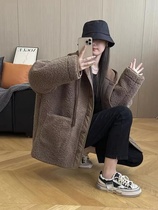 Wool Lamb Coat Womens Short Autumn and Winter Casual Hooded 23 Years Temperament Korean Version Seasonal Contrast Color New Style Splicing Coat