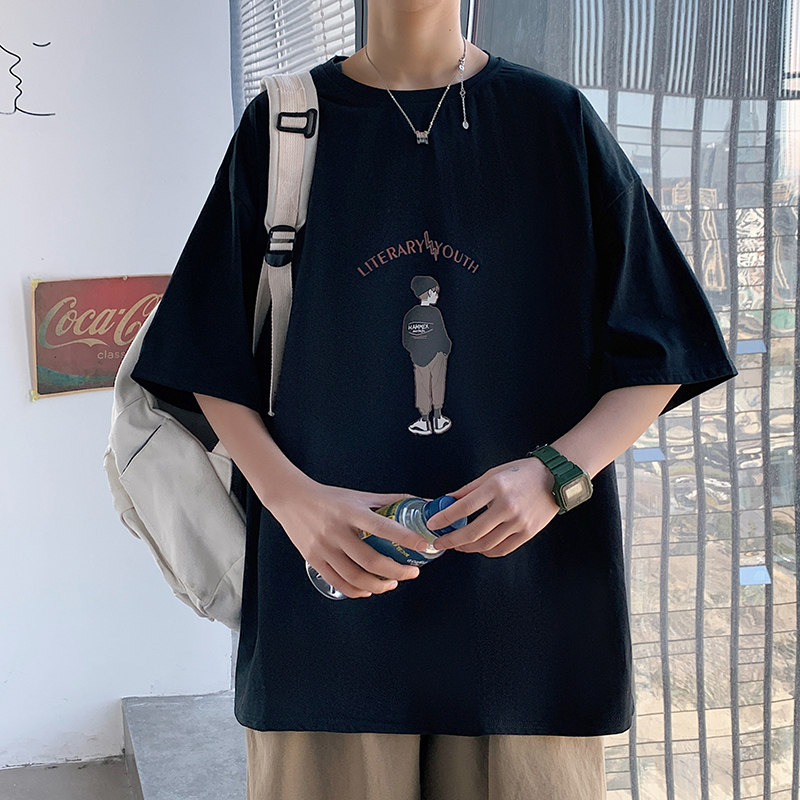 Short-sleeved T-shirt men's summer cotton versatile loose fit-out couple half-sleeve ins tide brand flow on clothes men's C