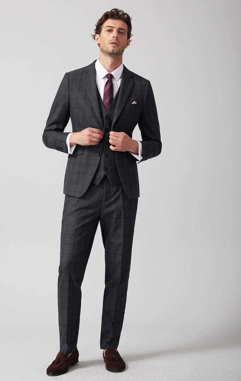 Suit phù hợp với nam len retro kẻ sọc gió Anh kinh doanh phía tây trang trí cơ thể màu xám chú rể váy cưới - Suit phù hợp bộ vest nam thời trang