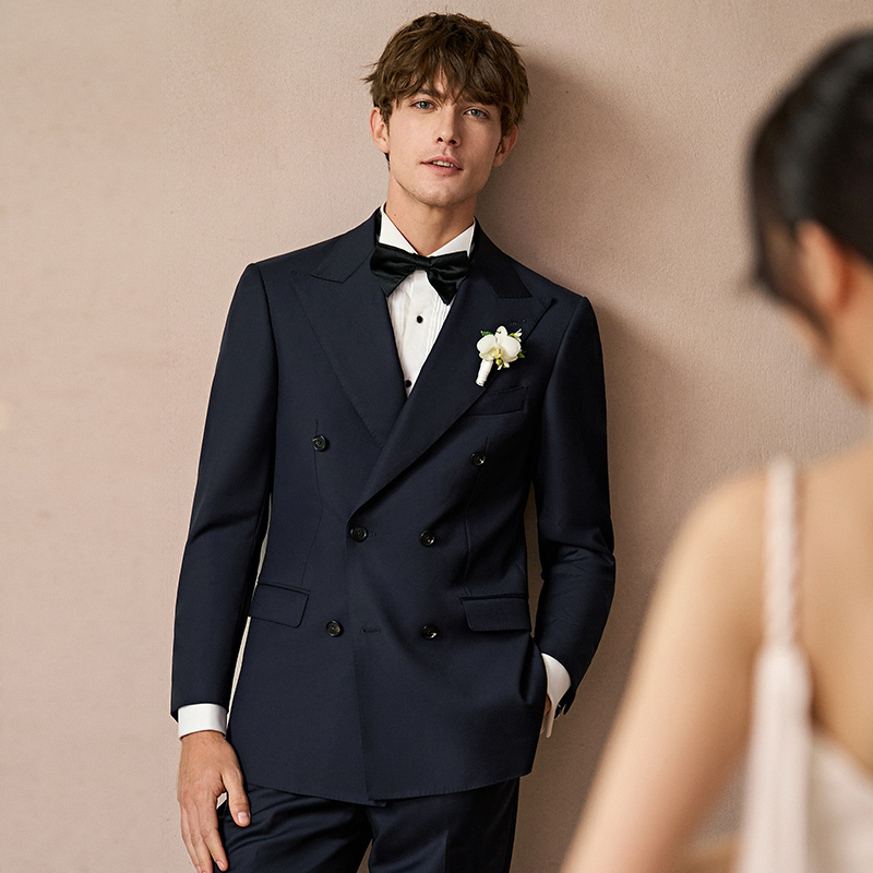 Aojia Men's Suit Set, Pure Wool, High-End Double-Breasted Peaked Lapel Suit, Groom's Wedding Attire