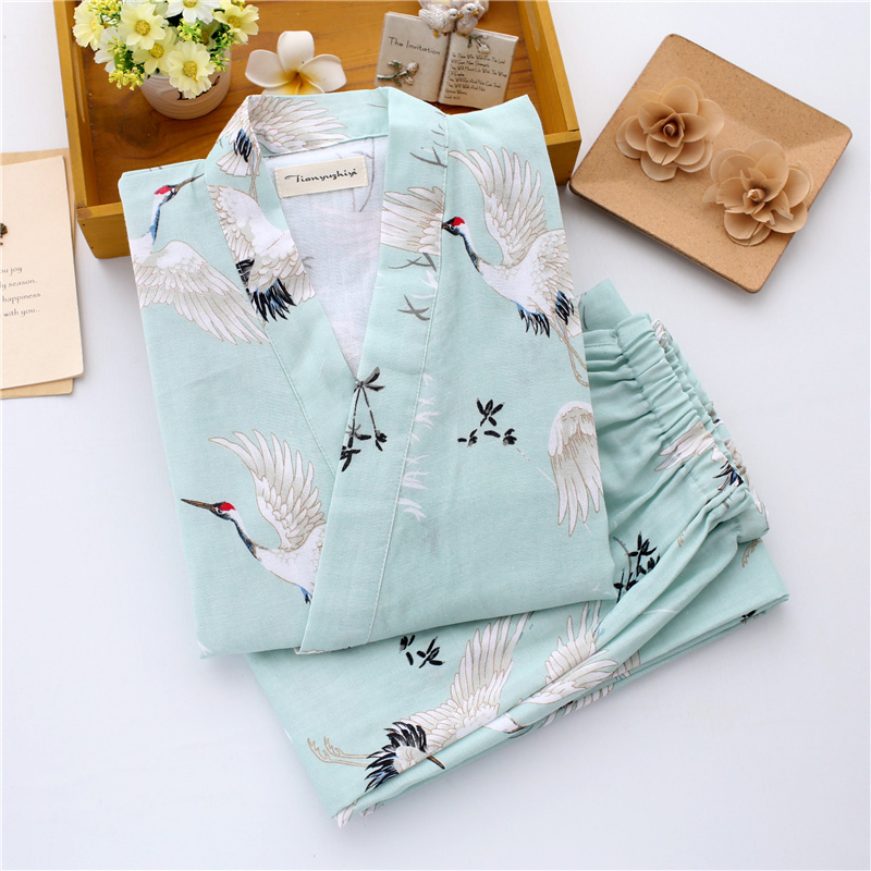 Của phụ nữ cotton đồ ngủ mùa hè mùa xuân và mùa thu mỏng gạc đôi ngắn tay Nhật Bản kimono dịch vụ nhà mồ hôi hấp quần áo áo choàng tắm