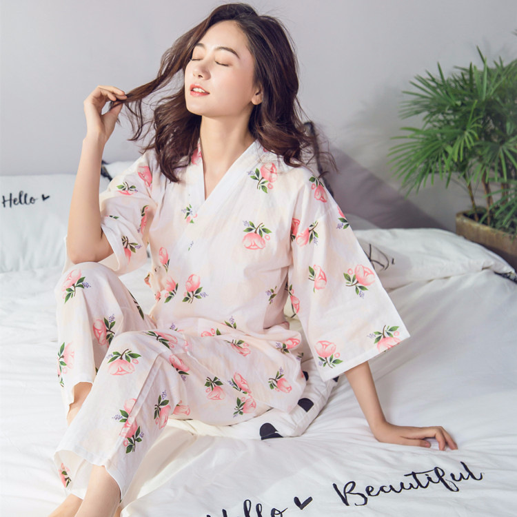 Của phụ nữ cotton đồ ngủ mùa hè mùa xuân và mùa thu mỏng gạc đôi ngắn tay Nhật Bản kimono dịch vụ nhà mồ hôi hấp quần áo áo choàng tắm