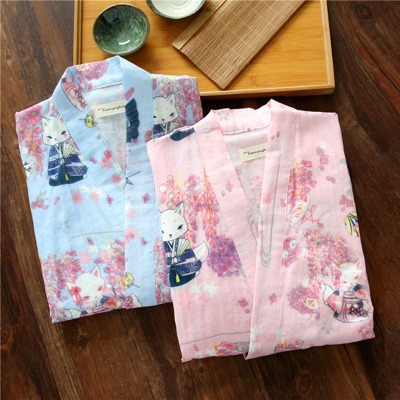 Của phụ nữ cotton đồ ngủ mùa hè mùa xuân và mùa thu mỏng gạc đôi ngắn tay Nhật Bản kimono dịch vụ nhà mồ hôi hấp quần áo áo choàng tắm