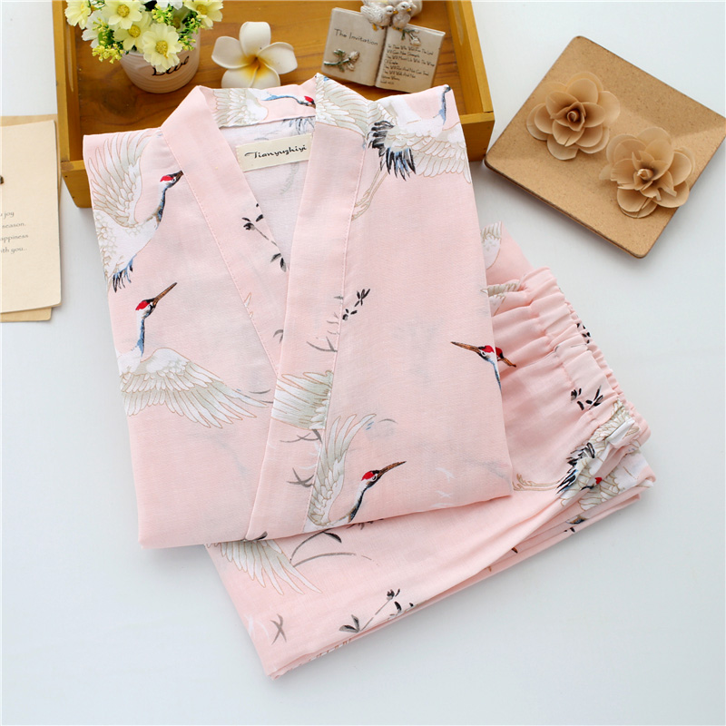 Của phụ nữ cotton đồ ngủ mùa hè mùa xuân và mùa thu mỏng gạc đôi ngắn tay Nhật Bản kimono dịch vụ nhà mồ hôi hấp quần áo áo choàng tắm