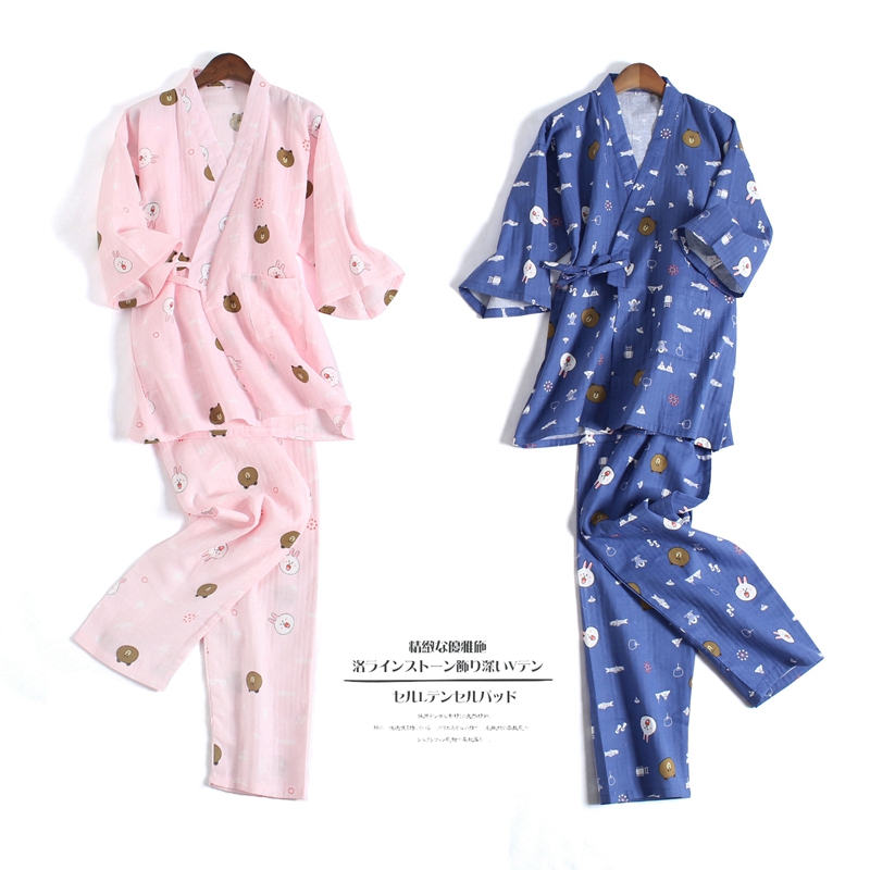 Của phụ nữ cotton đồ ngủ mùa hè mùa xuân và mùa thu mỏng gạc đôi ngắn tay Nhật Bản kimono dịch vụ nhà mồ hôi hấp quần áo áo choàng tắm