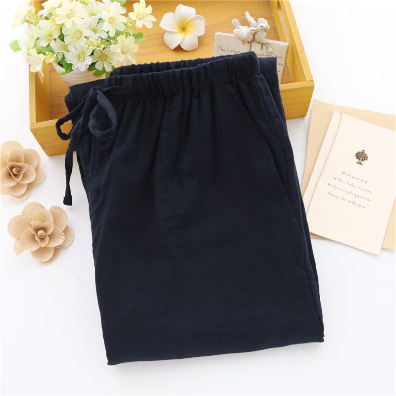 Cặp vợ chồng Nhật Bản đồ ngủ cotton mùa xuân và mùa hè mỏng nam và phụ nữ giản dị nhà cotton gạc rộng kích thước quần lớn quần ống suông nữ
