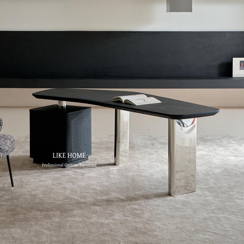 Italian Minimalist Designer Irregular-Shaped Solid Wood Desk, Laptop Table, Light Luxury High-End Stainless Steel Office Desk