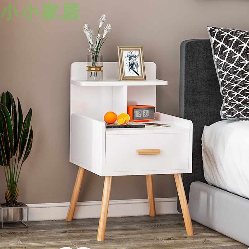 Solid Wood Leg Bed Head Cabinet Shelve Bedroom Fashion Bedside Small Cabinet Modern Minimalist Storage Cabinet Drawer-type cabinet