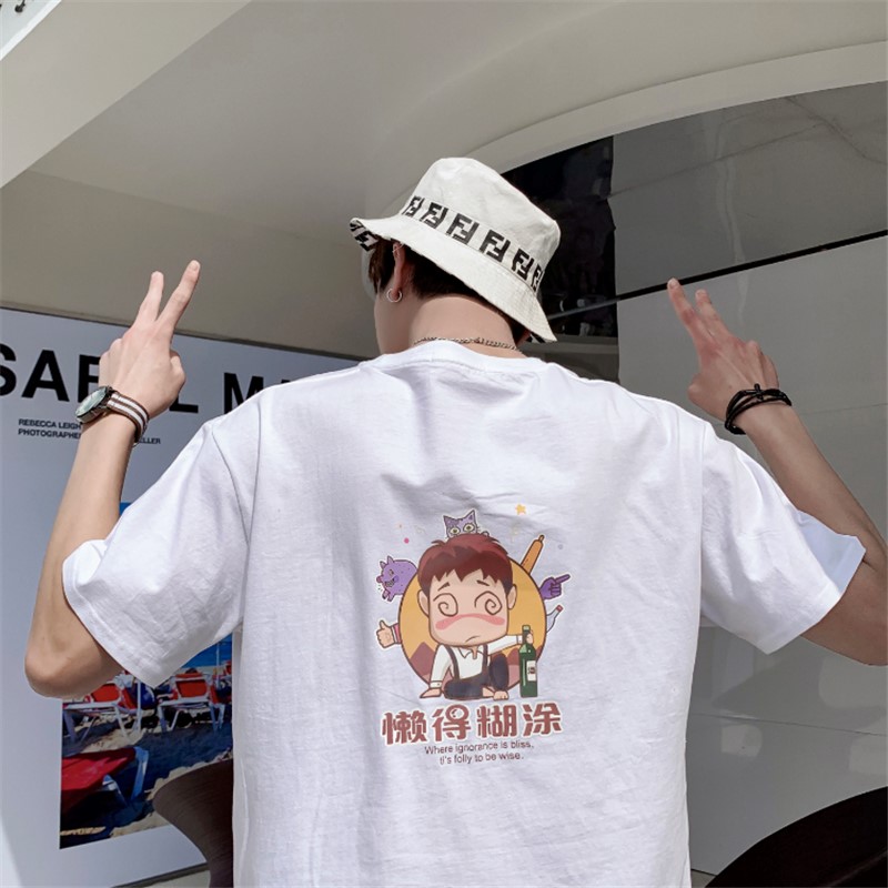 T-shirt Hồng Kông gió in thương hiệu thủy triều Nhật sinh viên nghệ thuật ngắn tay áo S t xu hướng mùa hè tươi nhỏ loose-fitting áo nam phiên bản Hàn Quốc