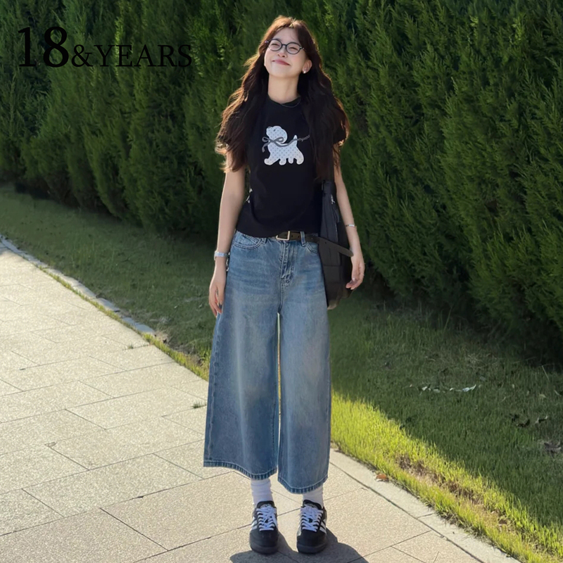 American Retro Style Cropped Wide-Leg Jeans for Women, 2026 Summer New High-Waisted Loose Straight Versatile Cropped Pants