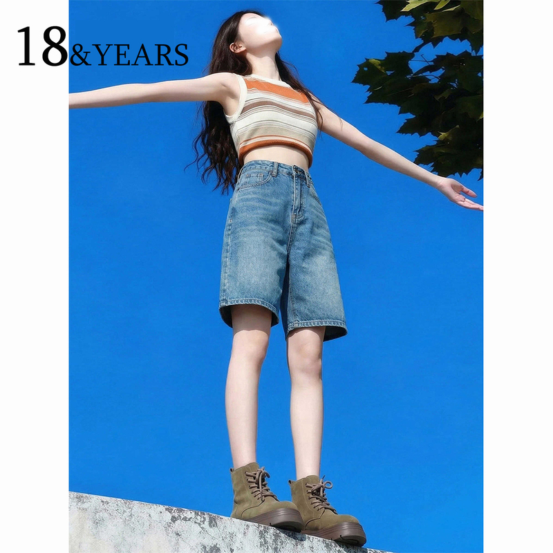 American Retro Vintage Blue Denim Shorts for Women, 2026 New Summer Style, Loose Fit, Slimming, High-Waisted, Straight-Leg Five-Point Pants