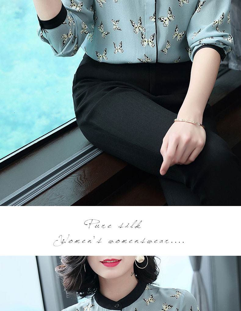 Áo sơ mi lụa nữ 2018 xuân mới cao cấp dành cho nữ phiên bản Hàn Quốc của áo thun mỏng tay dài in lụa áo ký giả nữ