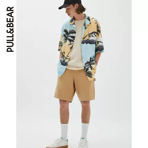 Pull & Bear Palm Tree Printing Синяя рубашка мужская ранняя осень новая рубашка.
