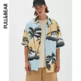 Pull & Bear Palm Tree Printing Синяя рубашка мужская ранняя осень новая рубашка.