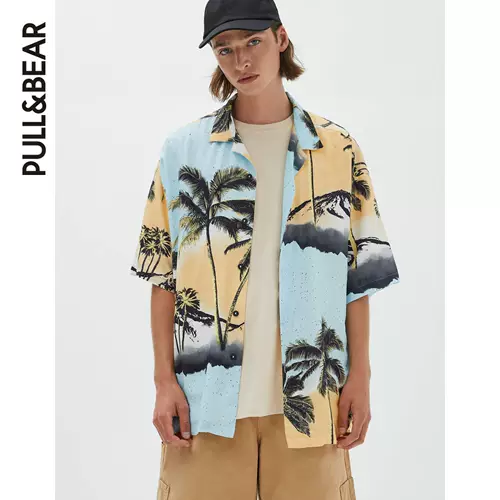 Pull & Bear Palm Tree Printing Синяя рубашка мужская ранняя осень новая рубашка.