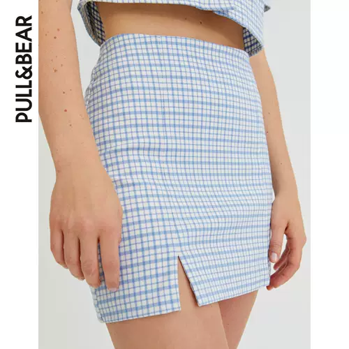 Pull & Bear 2021 Ранняя осень Новая Дизайн Split Blue Plaid Mini юбка 08398305420