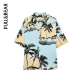 Pull & Bear Palm Tree Printing Синяя рубашка мужская ранняя осень новая рубашка.