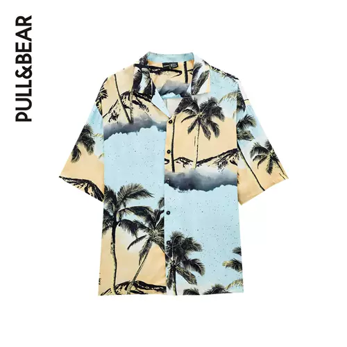 Pull & Bear Palm Tree Printing Синяя рубашка мужская ранняя осень новая рубашка.