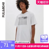 Pull & amp; Bear Men's 2021 Новый белый STWD PHOTING PREANT Casual -Short -Sleeved T -Fork 08240571250