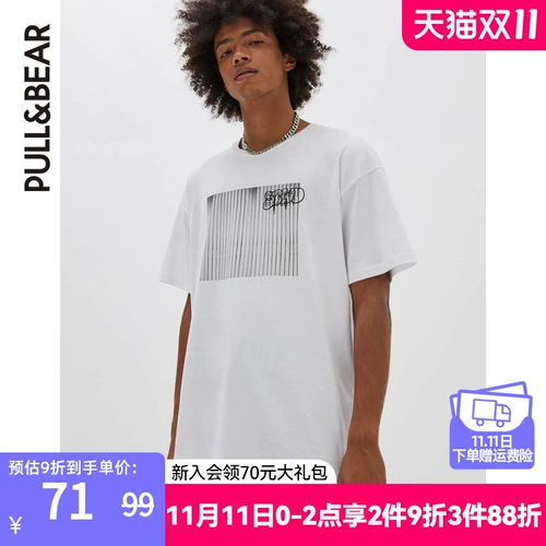 Pull & amp; Bear Men's 2021 Новый белый STWD PHOTING PREANT Casual -Short -Sleeved T -Fork 08240571250