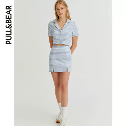 Pull & Bear 2021 Ранняя осень Новая Дизайн Split Blue Plaid Mini юбка 08398305420