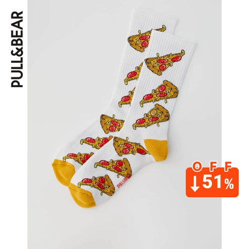 Pull & Bear's Men Ранняя осенняя фестиваль New Pizza Print Sports Sock 08890539015