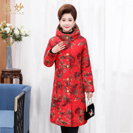 中老年棉衣女中长款冬装加绒加大码加厚外套棉