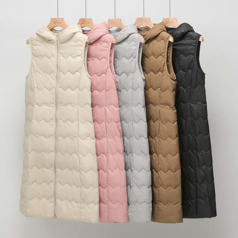 New Autumn and Winter White Duck down Over-The-Knee Long Lightweight Hooded Vest Women's Wavy Pattern down Vest Large Size Jacket New Autumn and Winter White Duck down Over-The-Knee Long Lightweight Hooded Vest Women's Wavy Pattern down Vest Large Size Jacket