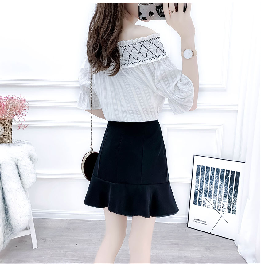 VK旗艦店 韓國風一字領雪紡衫魚尾套裝短袖裙裝