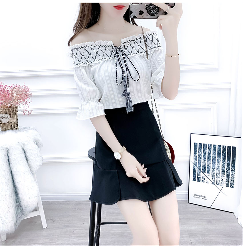 VK旗艦店 韓國風一字領雪紡衫魚尾套裝短袖裙裝