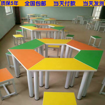 Hexagonal computer desk for primary and secondary school students training class trapezoidal desk Art table color combination maker classroom desk