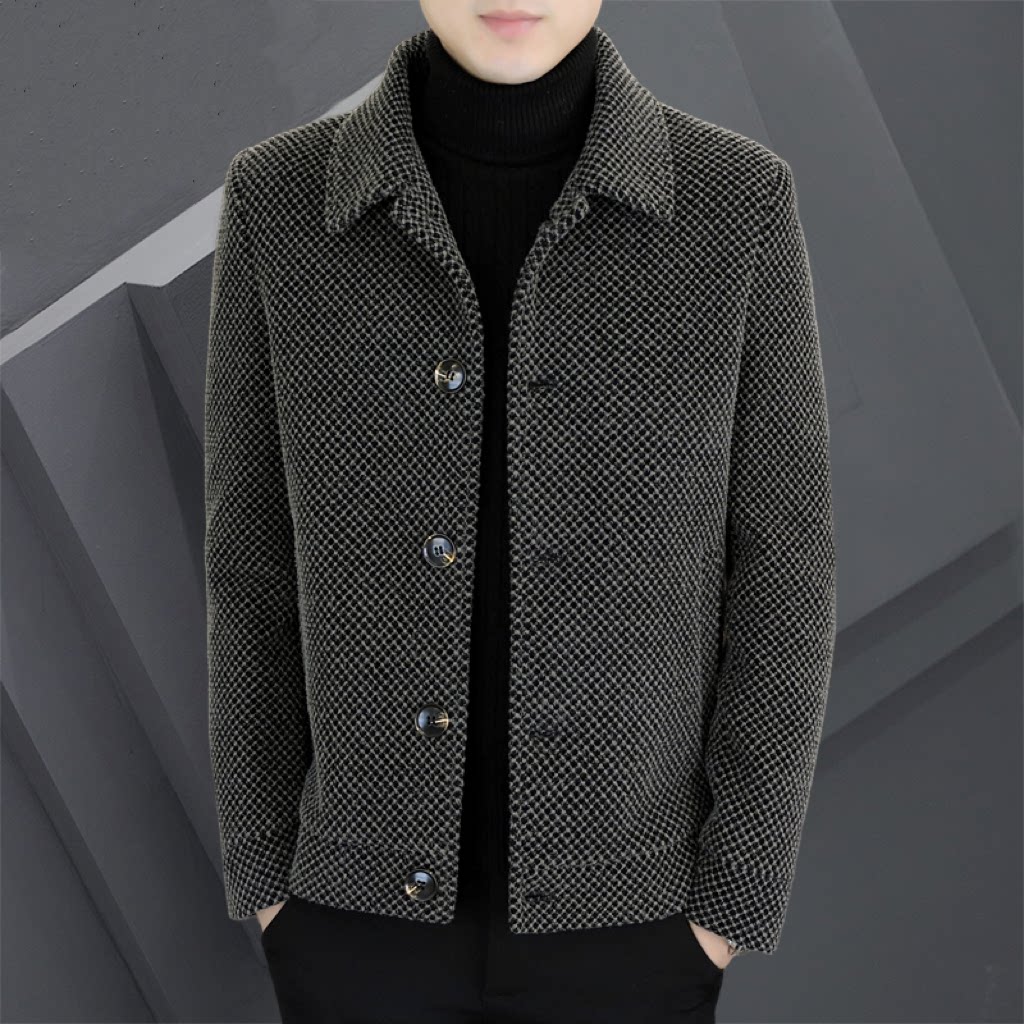 High-End Korean-Style Men's Short Thick Woolen Coat, Dad-Style Autumn and Winter Woolen Jacket with a Turn-Down Collar