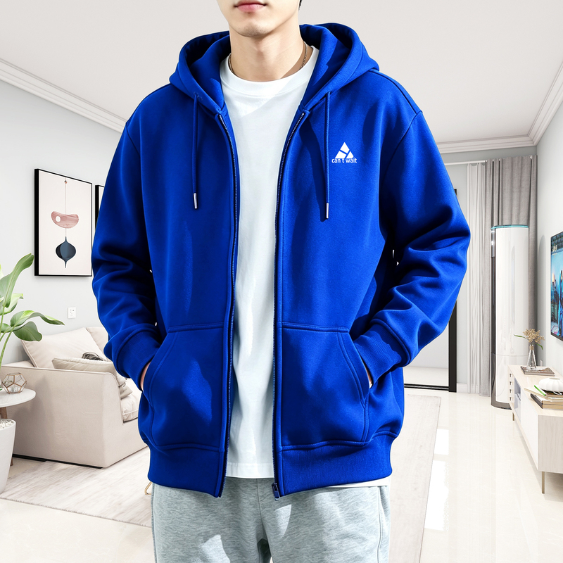 Hong Kong Style Klein Blue Autumn and Winter Hooded Cardigan Sweatshirt Trendy Men's Large Size Loose Fit Non-Fleece Zipper Sportswear