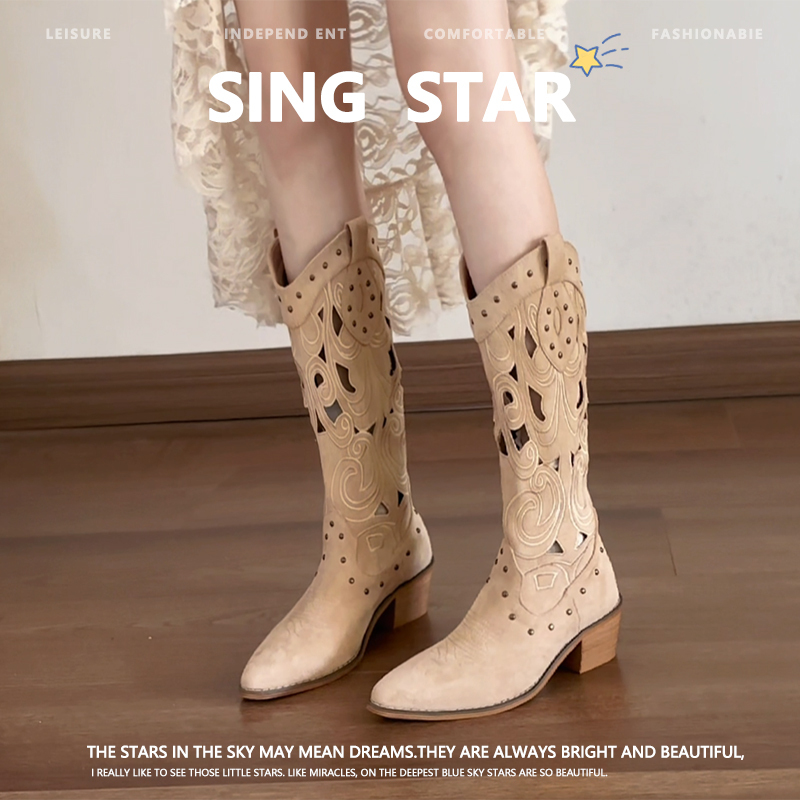 Retro Cowboy Boots for Women, Cut Out Boots, 2026 New Summer Fashion, No More Than Knee-High, Slimming V-Mouth High-Heeled Boots