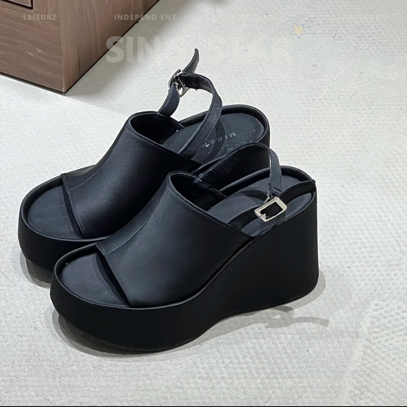 Sheepskin Version ~ Thick-Soled Black Ultra-High Heels for Women, Retro Wedge Heels, Sky-High Platform Sandals for Petite Women, Roman Sandals
