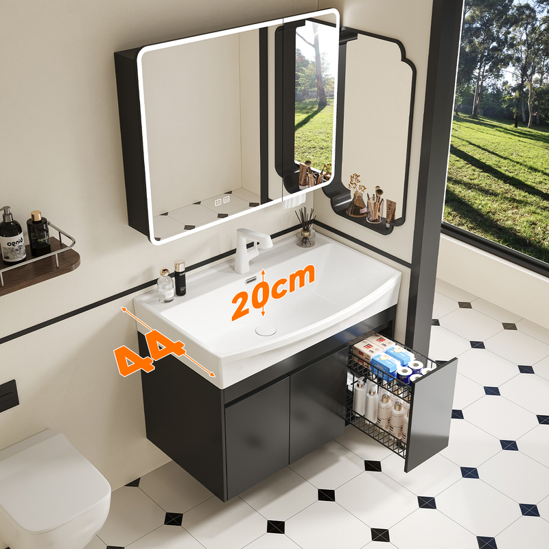 Black All-Aluminum Bathroom Cabinet with Integrated Ceramic Basin, Deep Honeycomb Aluminum Basin, Pull-Out Basket, and Washbasin Cabinet Set