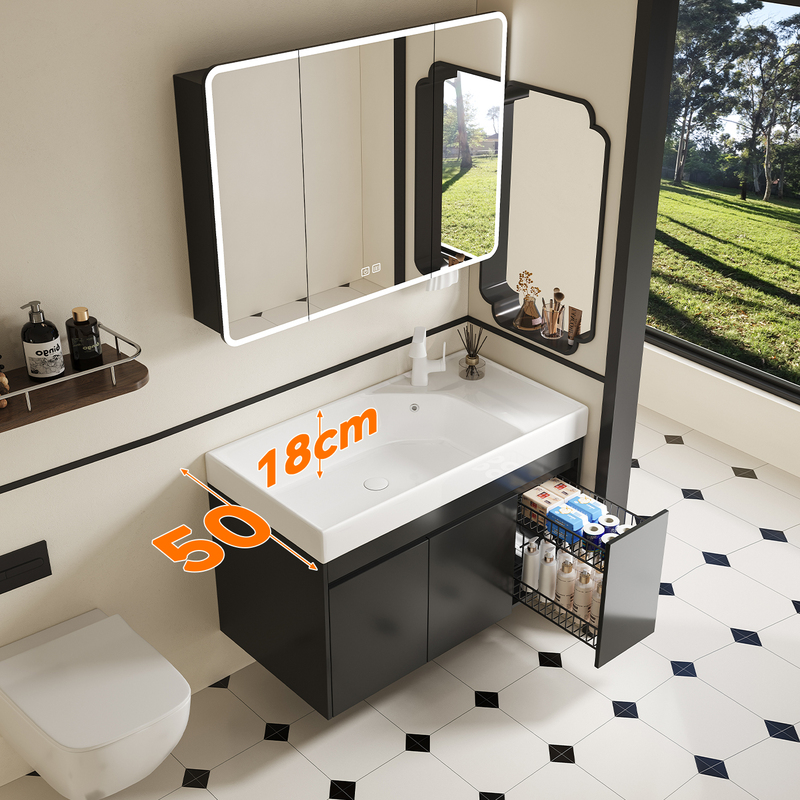 18 ㎝ Deepened Bathroom Cabinet with Modern Minimalist Black Storage Basket and Washbasin Cabinet