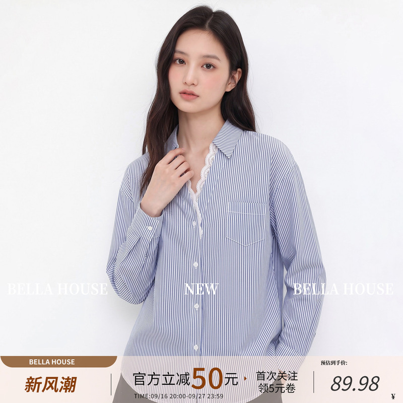 Korean Style Striped Lace Lapel Shirt for Women 2026 Autumn Layered Casual Loose Long-Sleeve Shirt Jacket Trendy Top Korean Style Striped Lace Lapel Shirt for Women 2026 Autumn Layered Casual Loose Long-Sleeve Shirt Jacket Trendy Top
