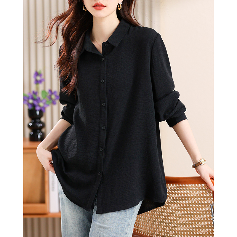 Plus Size Women's Shirt 2024 Spring and Summer New Korean Style Mid-Length Black Loose Versatile Slimming Chiffon Long-Sleeve Top Plus Size Women's Shirt 2024 Spring and Summer New Korean Style Mid-Length Black Loose Versatile Slimming Chiffon Long-Sleeve Top