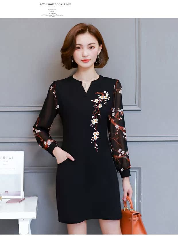 Mùa thu sản phẩm mới kích thước lớn của phụ nữ Hàn Quốc phiên bản của tính khí chất béo mm lỏng mỏng V-Cổ thêu phần dài dài tay ăn mặc đầm kiểu
