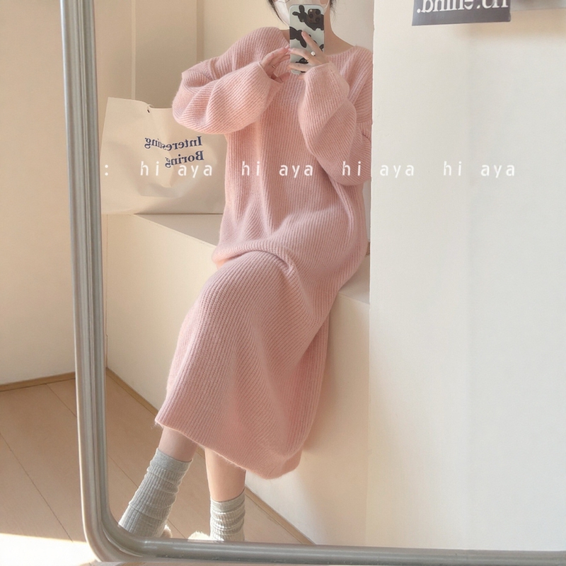 2026 Early Autumn New Women's Mid-Length Over-The-Knee Knit Sweater Round Neck Loose Lazy Style Base Sweater Dress 2026 Early Autumn New Women's Mid-Length Over-The-Knee Knit Sweater Round Neck Loose Lazy Style Base Sweater Dress