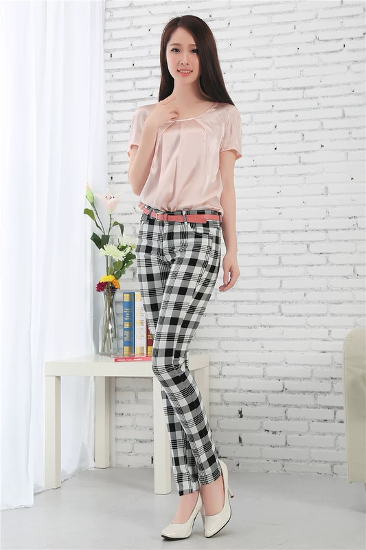 Mùa xuân và mùa thu Quần kẻ sọc Quần nữ Slim Houndstooth Slim Đàn hồi cao Quần thường Quần chân Bút chì Quần siêu quần quần áo đẹp nữ