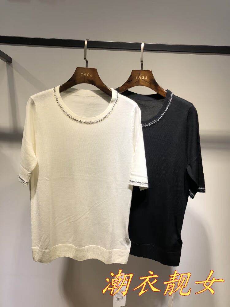 Cổ tròn thấp Merino len nguyên chất của phụ nữ đầu 18 mới mùa thu mới jacquard mỏng áo len mỏng áo len ngắn tay - Đan Cardigan áo len cổ cao