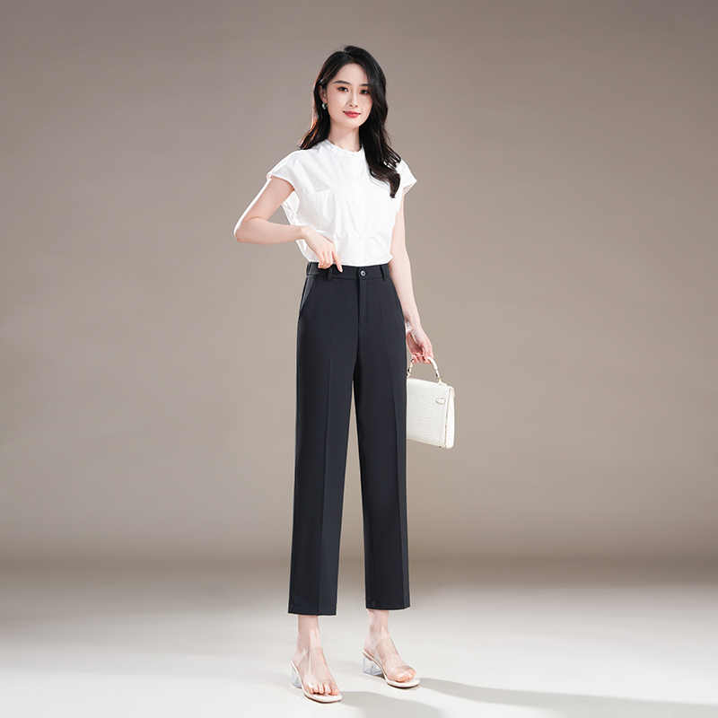 2025 Summer New Fashion Ice Silk Cool-Feel Women's High-Waisted Drapey Thin Cropped Trousers Cigarette Pants
